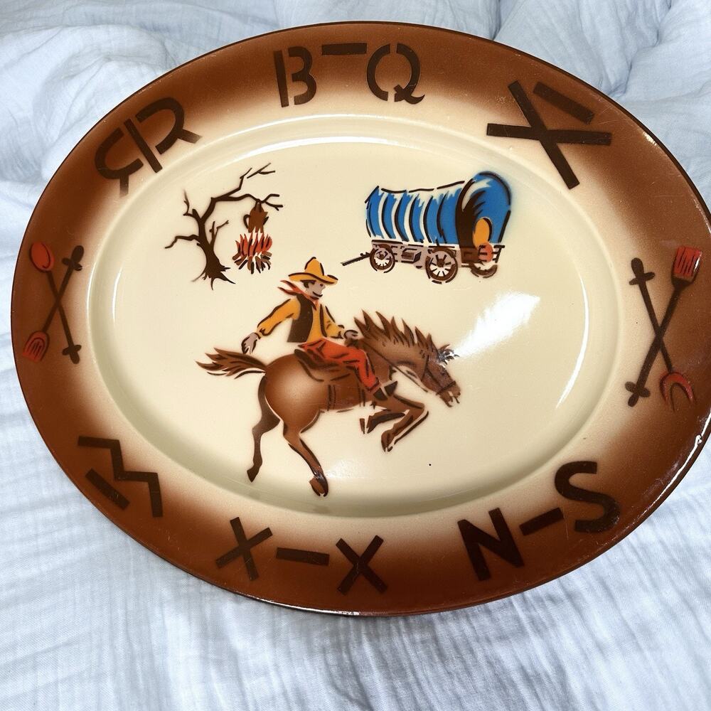 Fred Roberts Enamelware Cowboy Platter Nasco Western Rodeo 1950s 18” #1
